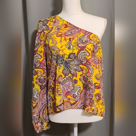 NWOT Paisley One Shoulder Long Sleeve Yellow Top Size XL - Picture 3 of 7